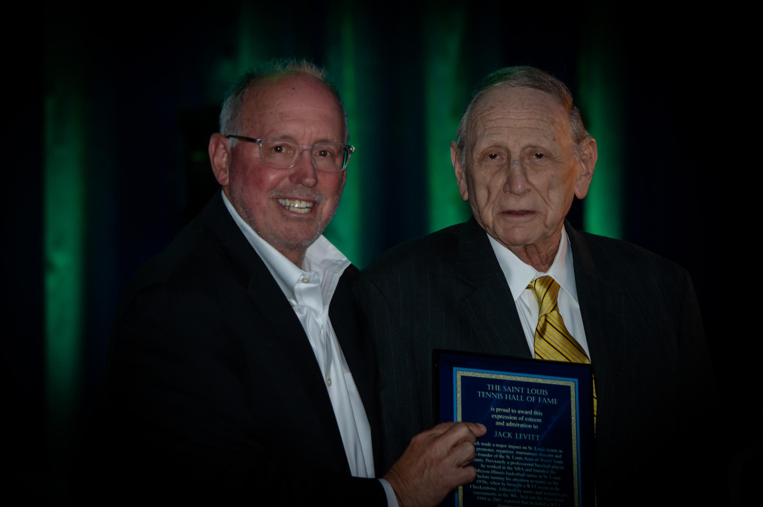 Jack Levitt and Rick Randall pose for a picture with Jack's plaque.
